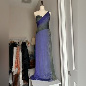 Melinda Eng one shoulder 100% silk blue & green gown